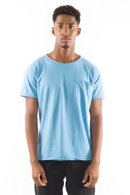 Image of RAVENS VIEW IBIZA mannen vegan T-Shirt Ronde Wild Neck Pocket Faded Denim Blauw