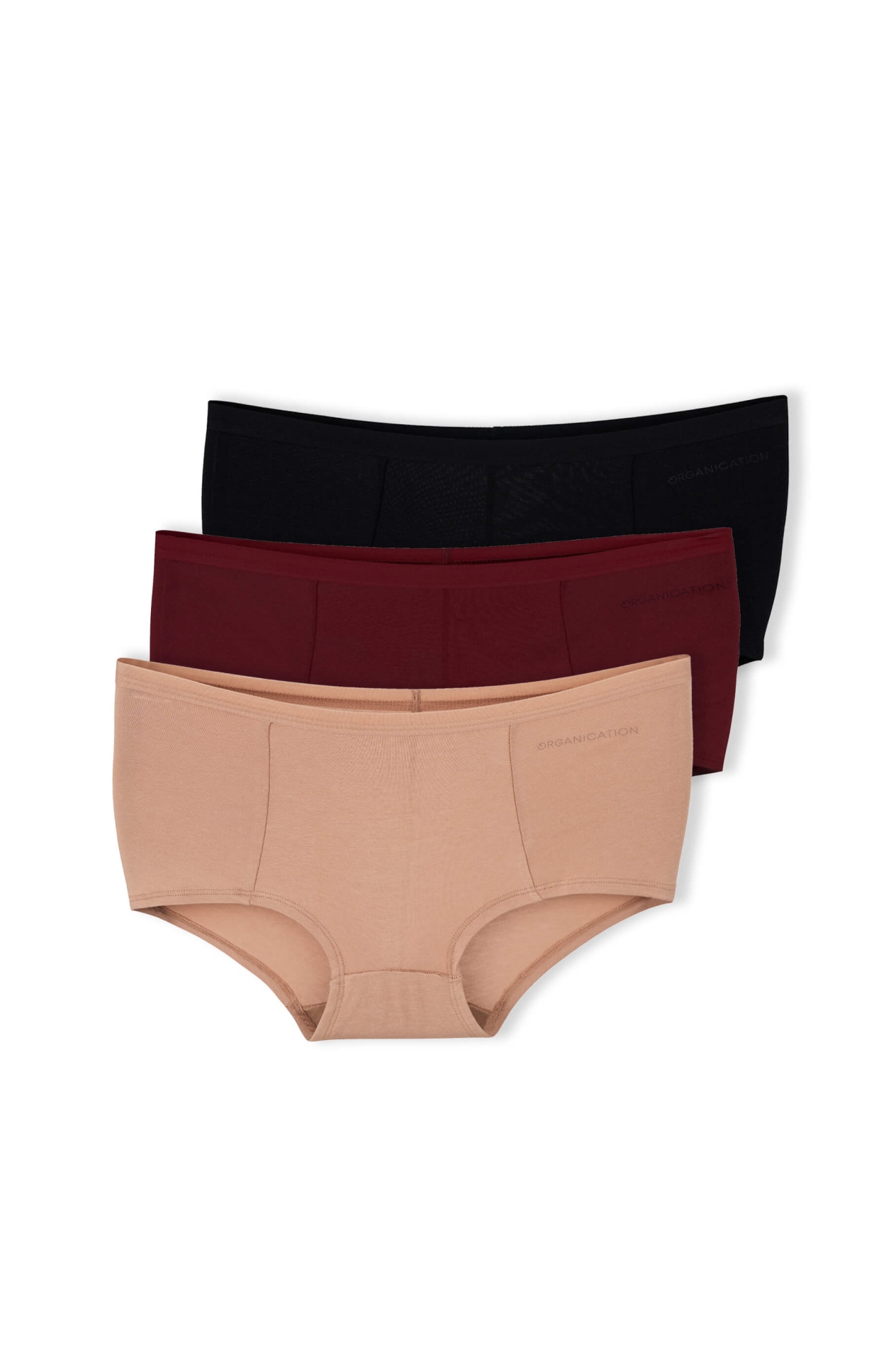 ORGANICATION womens vegan Boyshorts Panty Blaire 3-Pack Bordeaux Beige Black