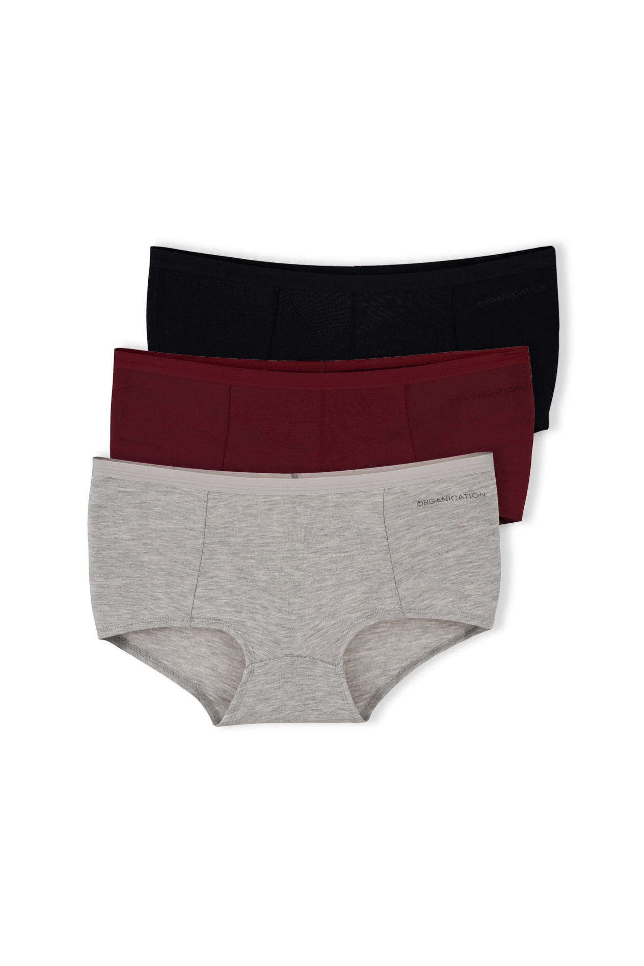ORGANICATION womens vegan Boyshorts Panty Blaire 3-Pack Bordeaux Grey Black