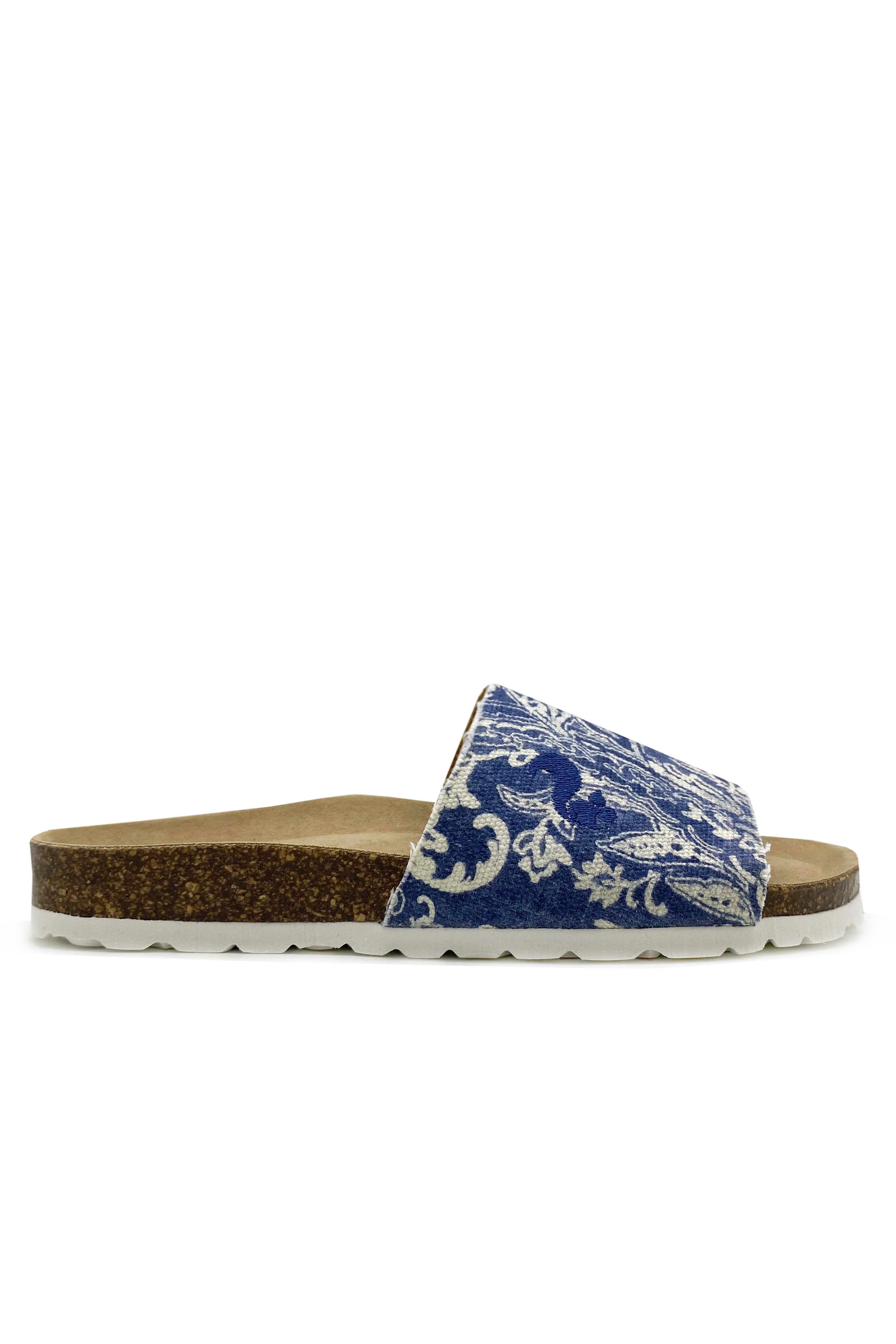 76104 - Damen vegan Pantoletten Rec Denim Pool Paisley Blau