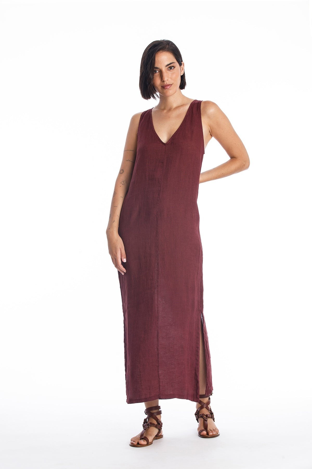 RAVENS VIEW IBIZA Damen vegan Leinenkleid Winona Dunkel Granat