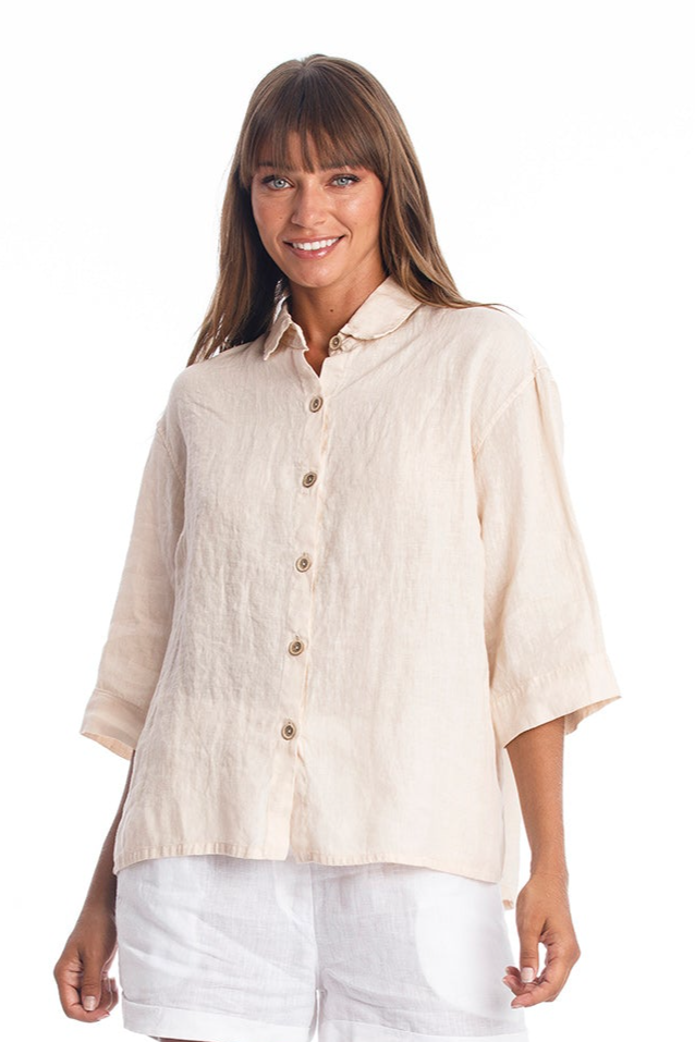 Image of RAVENS VIEW IBIZA dames vegan Linnen Blouse Zomer Zand