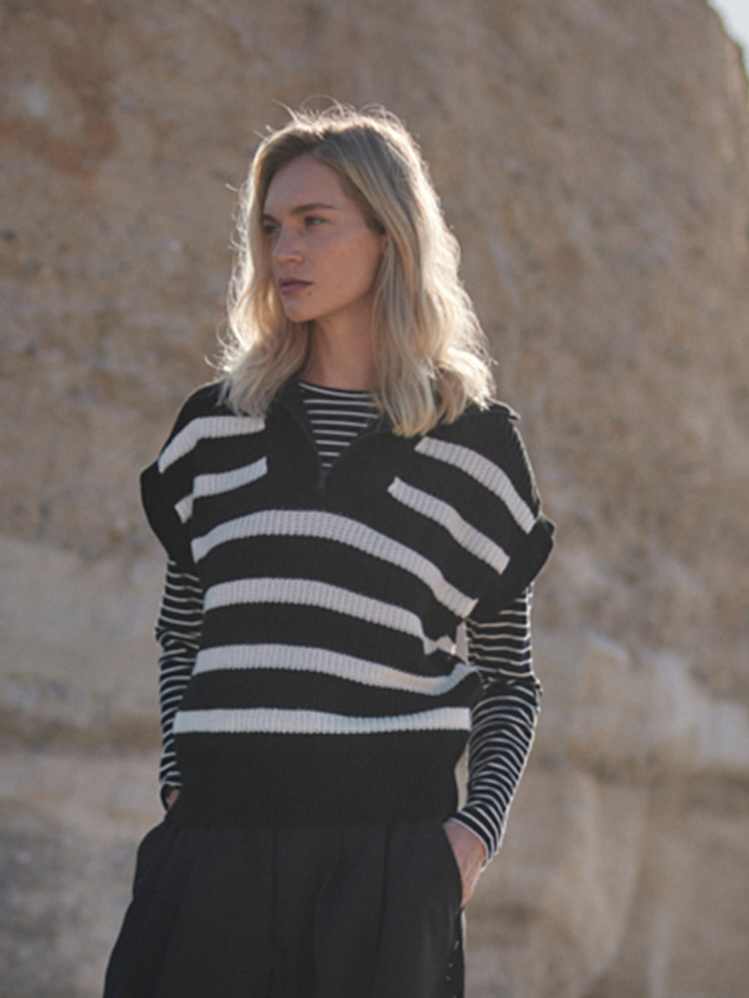 WOTE womens vegan Knitted Vest Stripes Black White