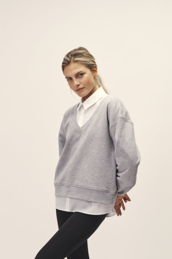 WOTE Damen vegan Sweatshirt Mit V-Ausschnitt Grau-Melange
