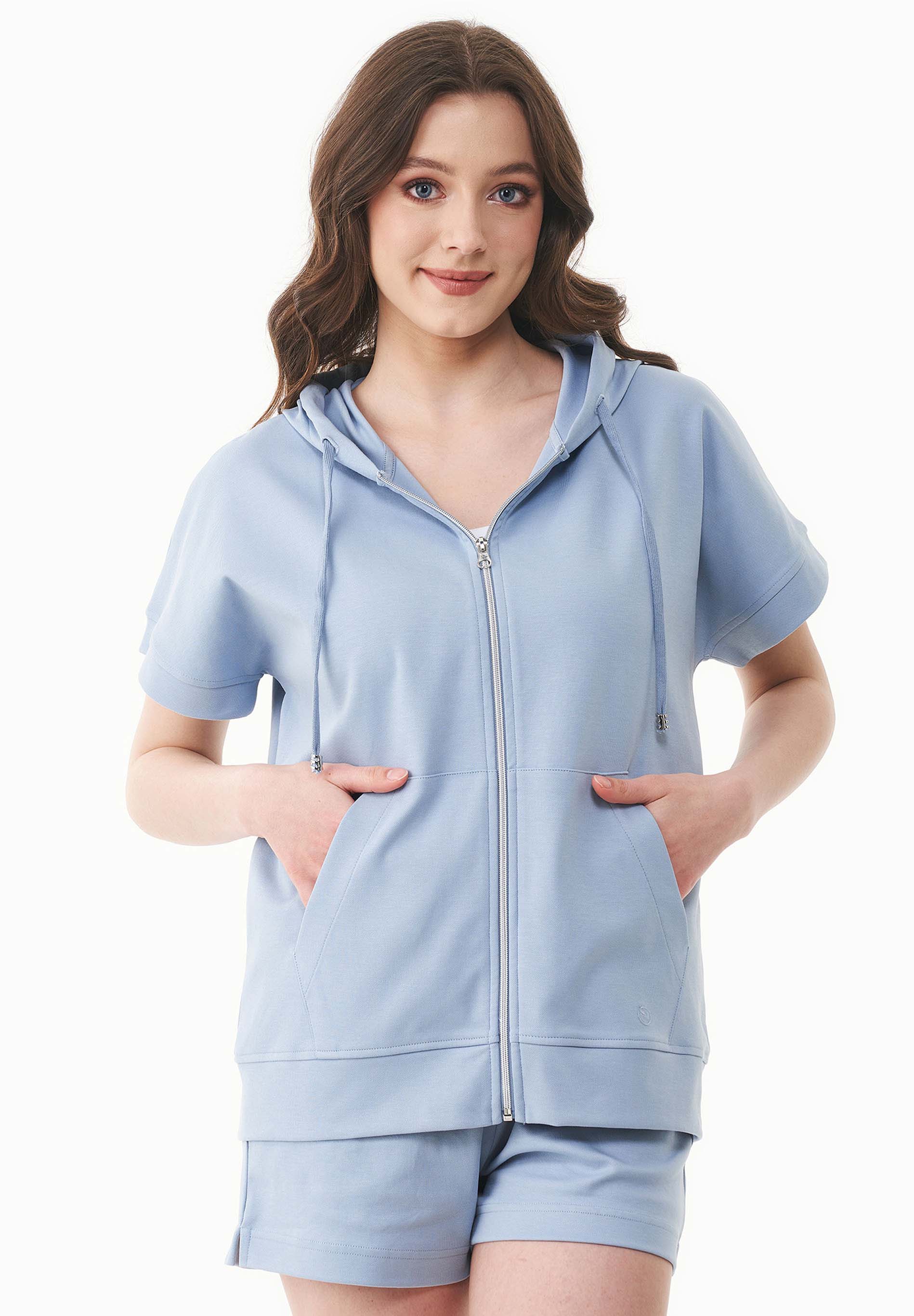 ORGANICATION Hoodie Full-Zip Short-Sleeved Lightweight Ice Blue