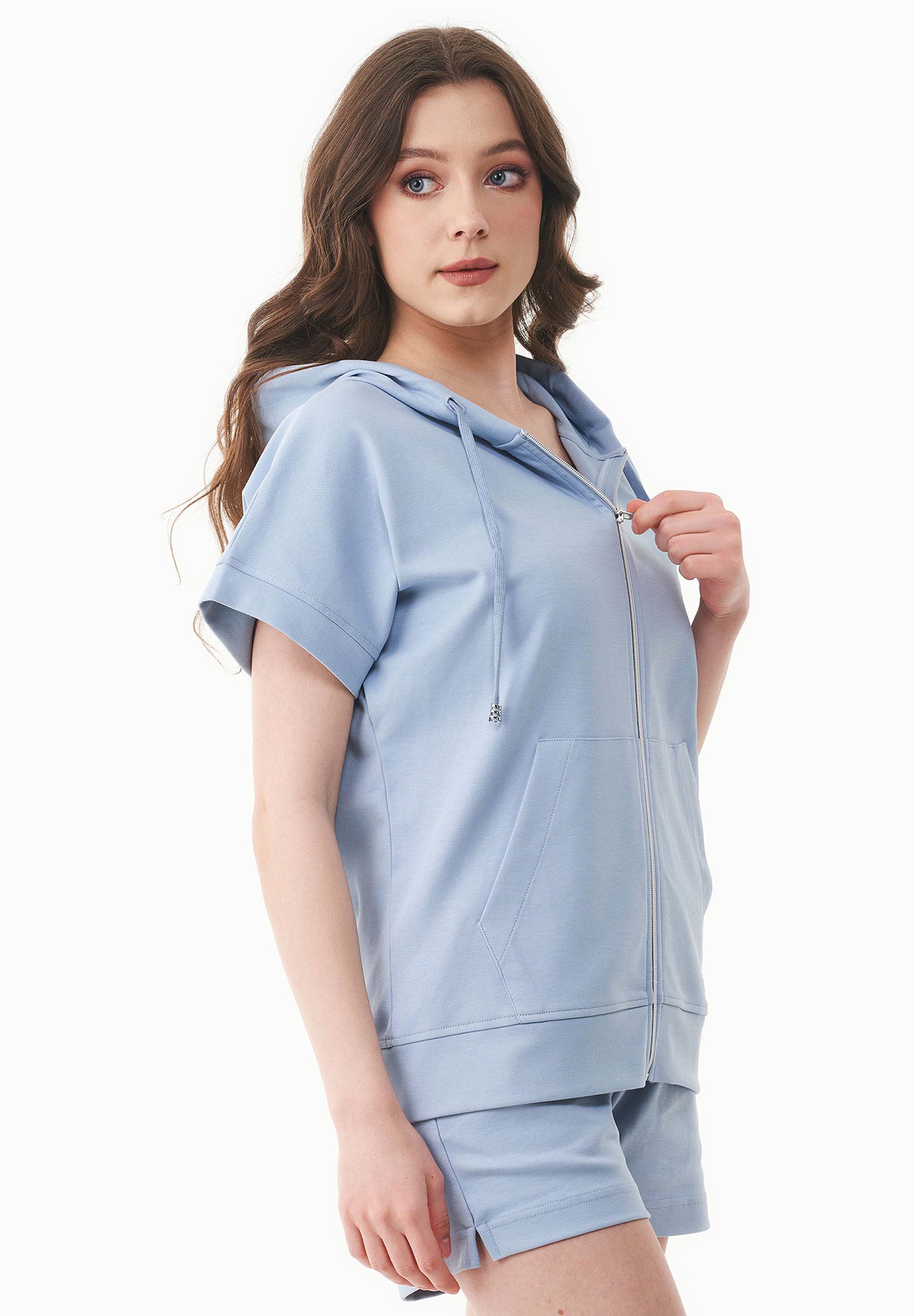 ORGANICATION Hoodie Full-Zip Short-Sleeved Lightweight Ice Blue