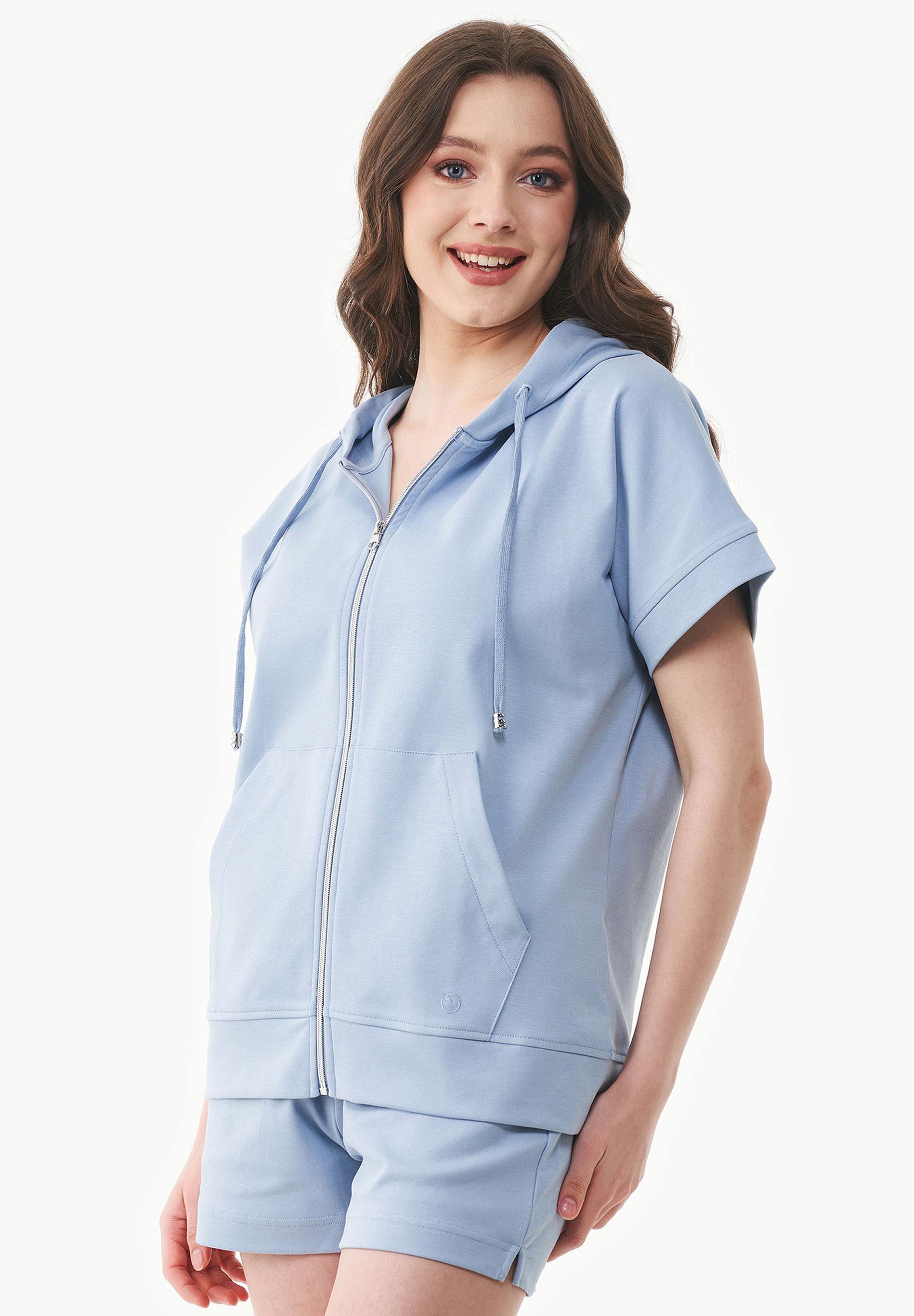 ORGANICATION Hoodie Full-Zip Short-Sleeved Lightweight Ice Blue