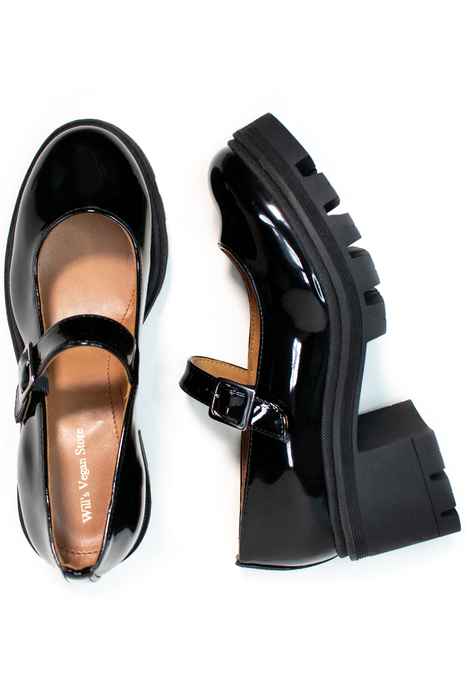 Will's Vegan Store Damen vegan Mary Janes Track Sole Schwarz