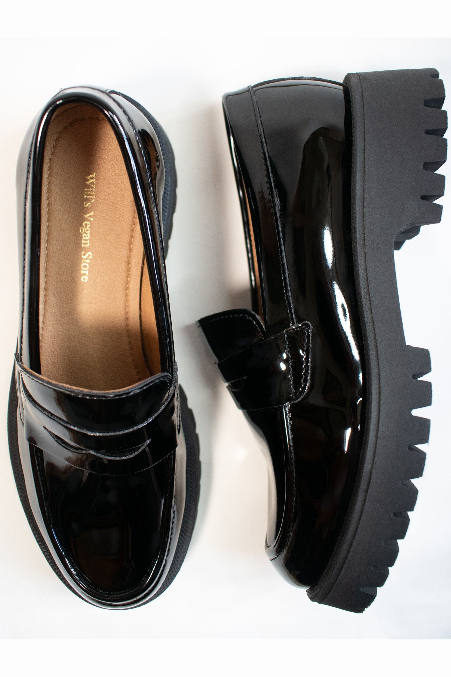Will's Vegan Store Damen vegan Loafers Track Sole Penny Patent Schwarz