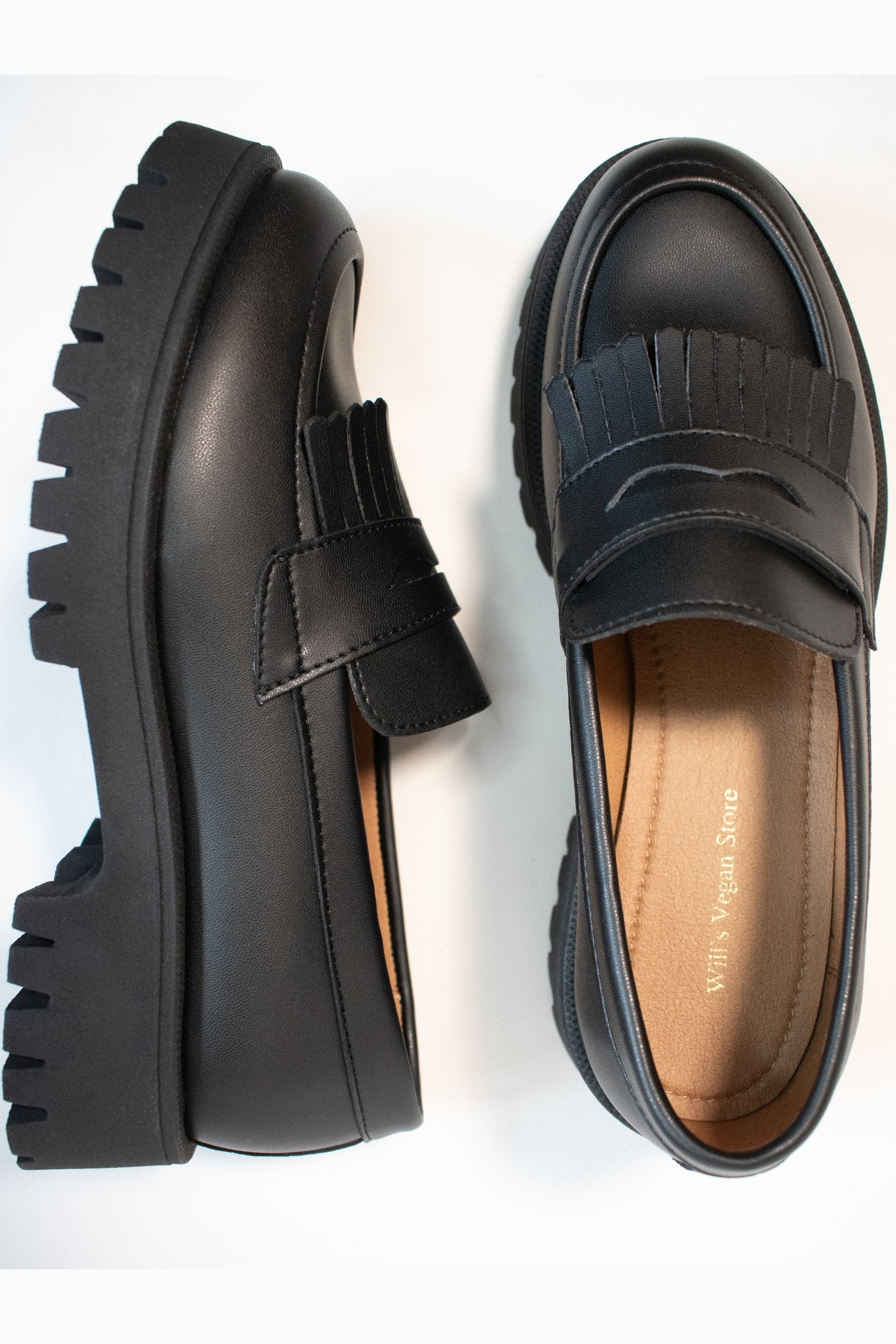 Will's Vegan Store Damen vegan Loafers Fransen Track Sohle Lack Schwarz