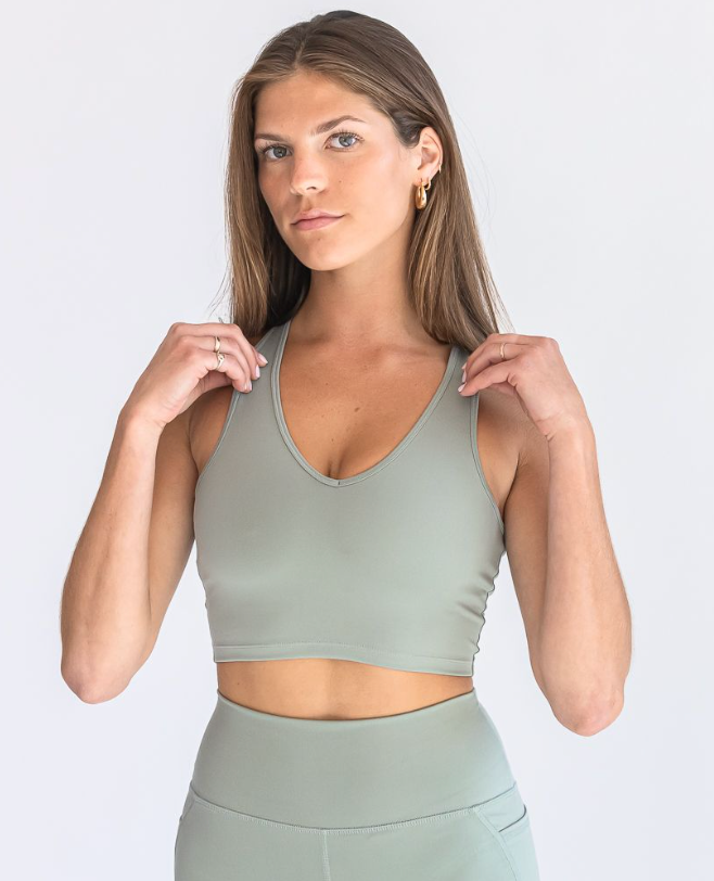 SEAAV dames vegan Sportbeha Top V Hals Dusty Sage Groen, foto 2