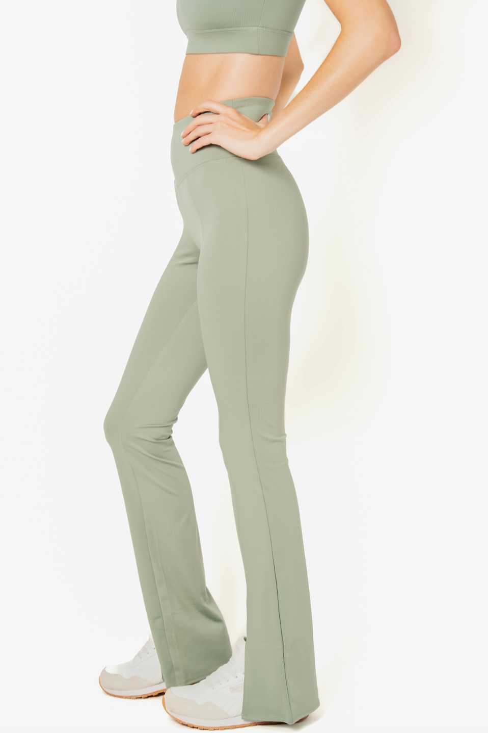 SEAAV womens vegan Leggings Cut Out Bootcut Dusty Sage Green