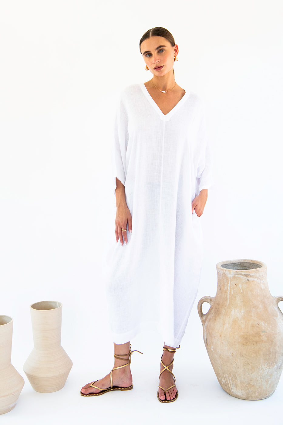 knee length dresses for ladies White Cotton Linen Goddess Kaftan Dress, Deep V Neck Kaftan Dress - Beach  Coverup- Bohemian Long Kaftan