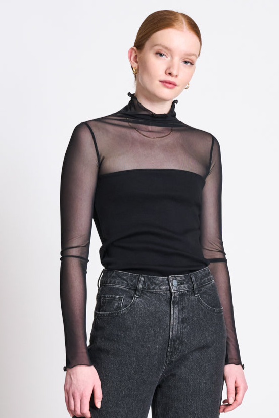 89784 - JAN N JUNE Damen vegan Rollkragenpullover Mesh Pluie Schwarz