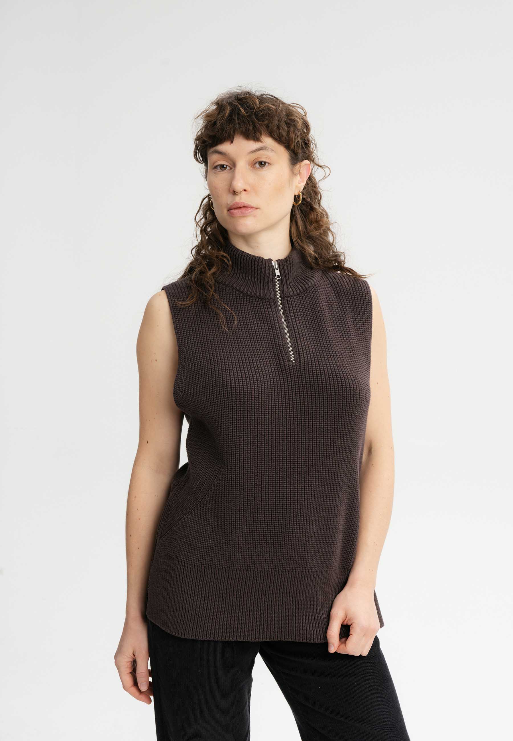 MELA womens vegan Knit Vest Turtleneck Gamini Dark Brown