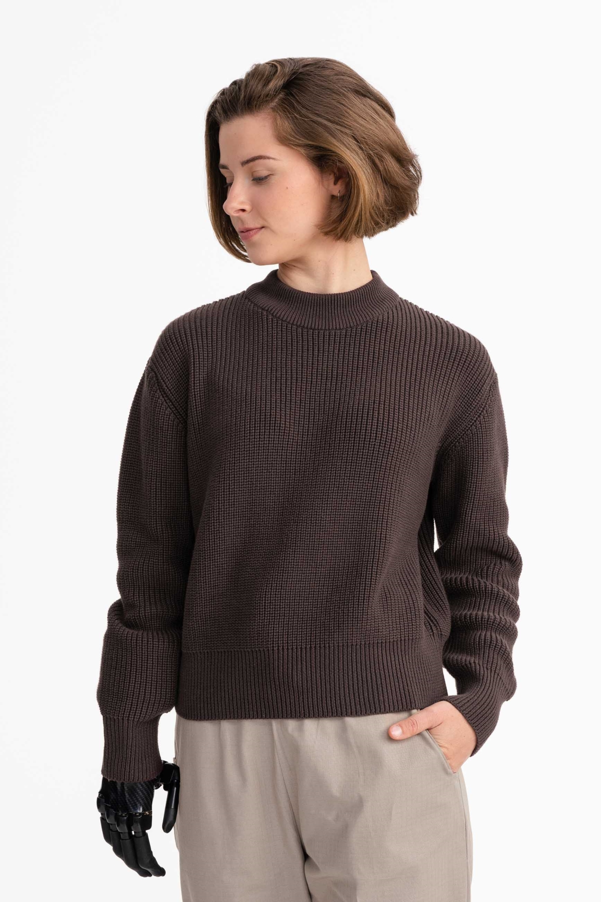 MELA Damen vegan Pullover Rippenstrick Manika Dunkelbraun