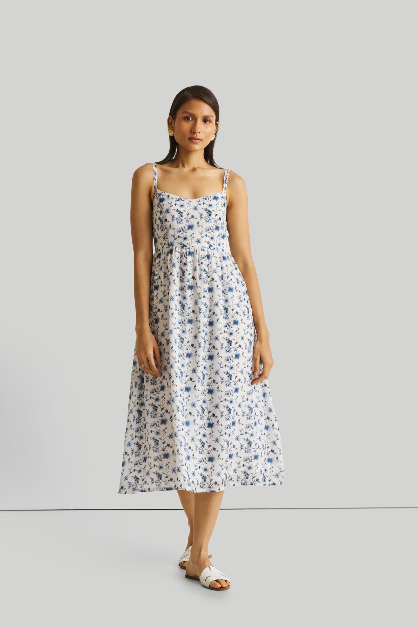 Reistor Midi Dress Strappy Gathered Blue Floral Wisteria Whimsy