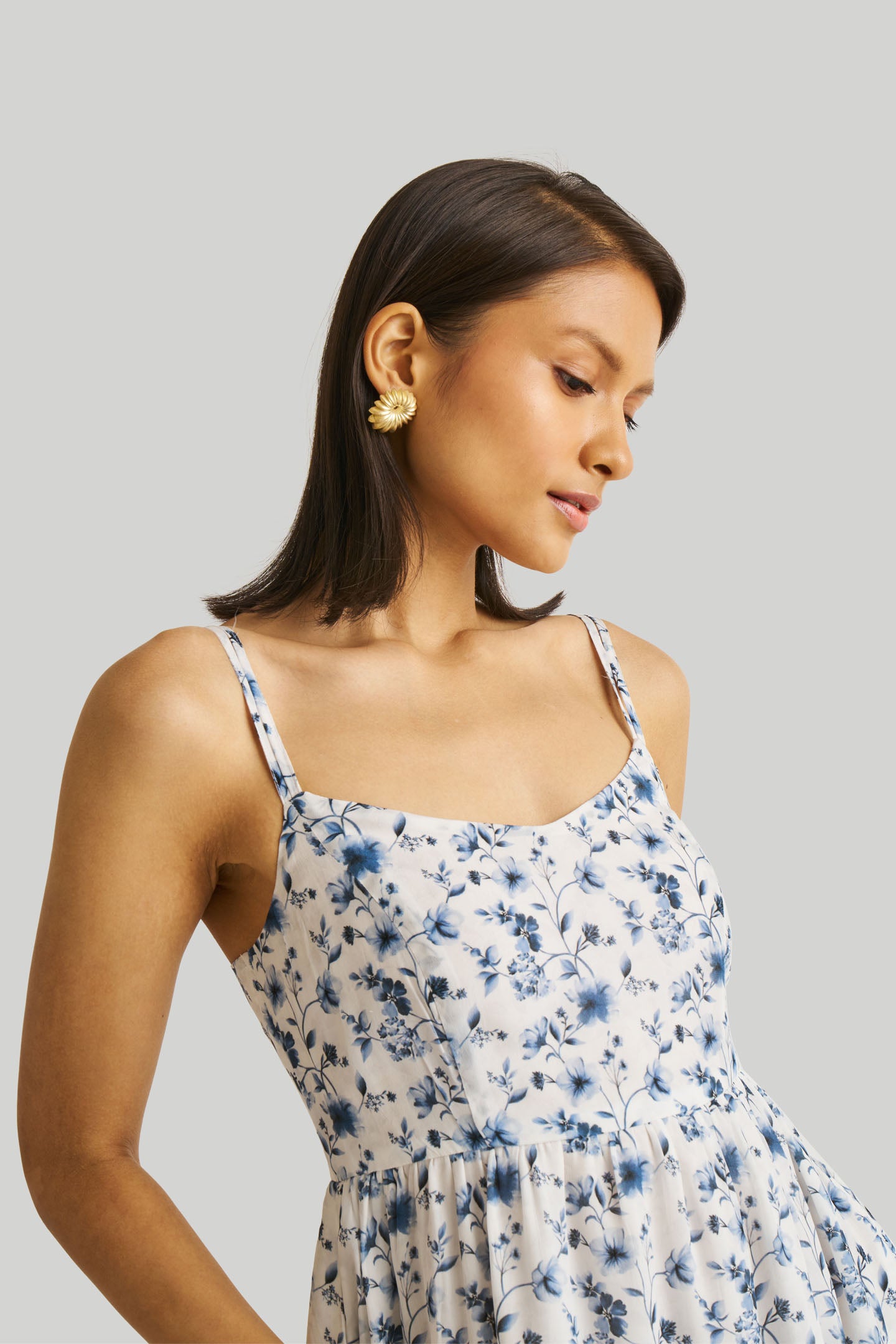 Reistor Midi Dress Strappy Gathered Blue Floral Wisteria Whimsy