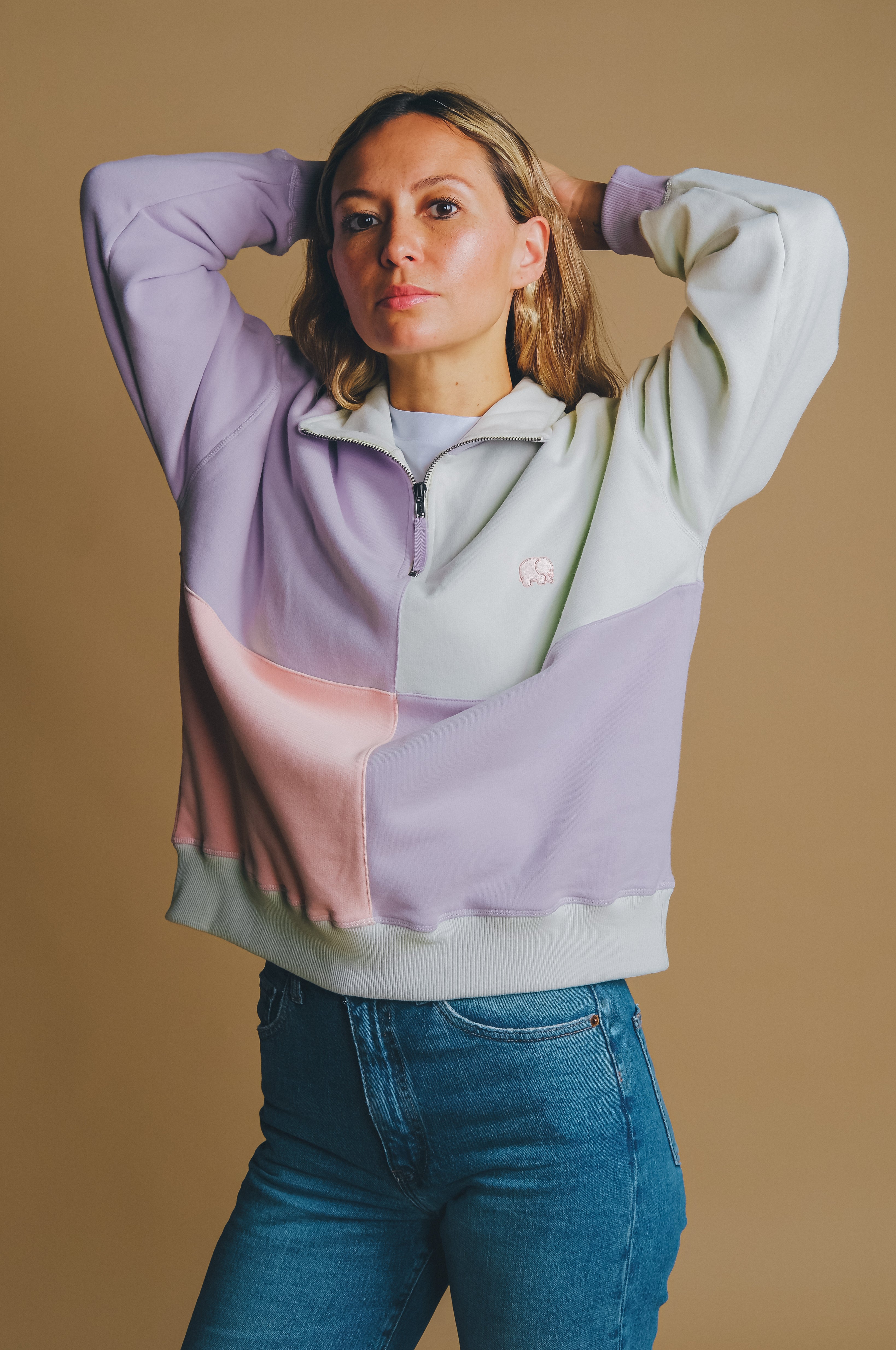 Trendsplant Damen vegan Pullover Oversized Color Block Half Zip Lavendel/GrÃ¼n