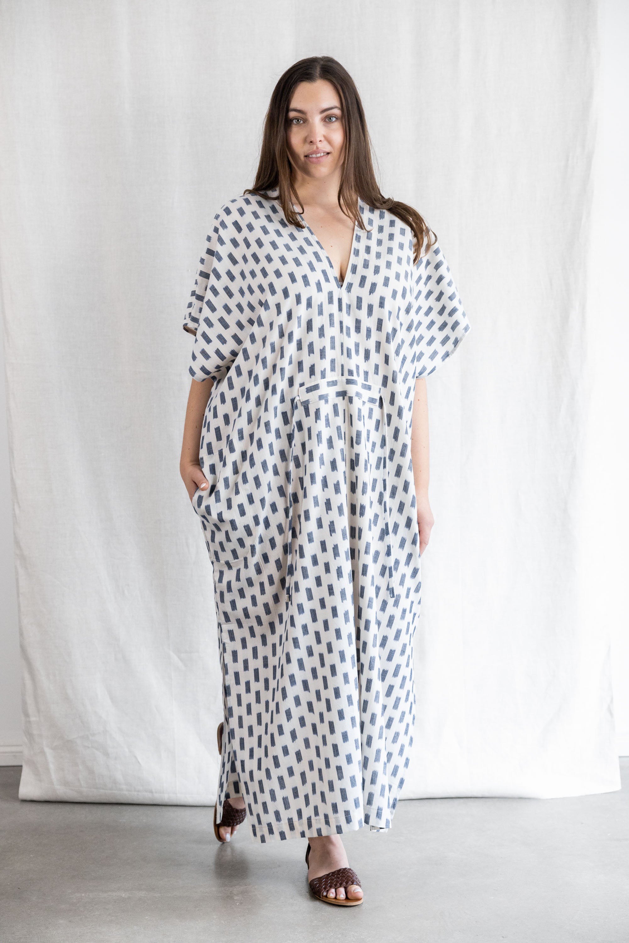 Jyoti Fair Works womens vegan Dress Kaftan Rishi Ikat White