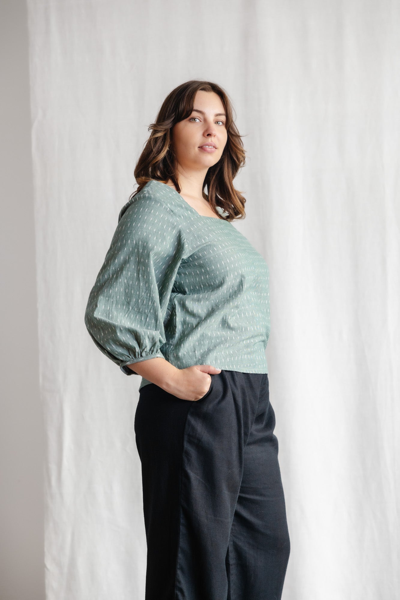 Jyoti Fair Works womens vegan Blouse Nalini Ikat Sage