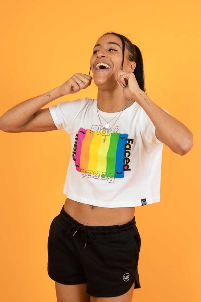 Plant Faced Clothing womens vegan Crop Top Plant Based Rainbow White