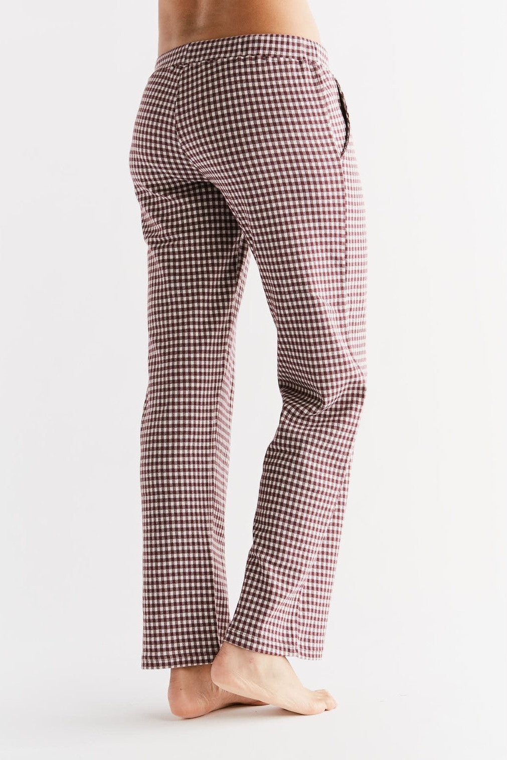 Leela Cotton womens vegan Pants Plaid Aubergine Purple / Natural White