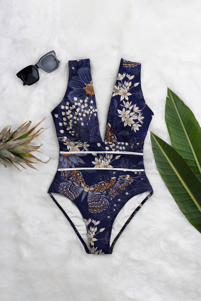 Averie womens vegan Swimsuit Deep Plunge One Piece Dani Daisy Print