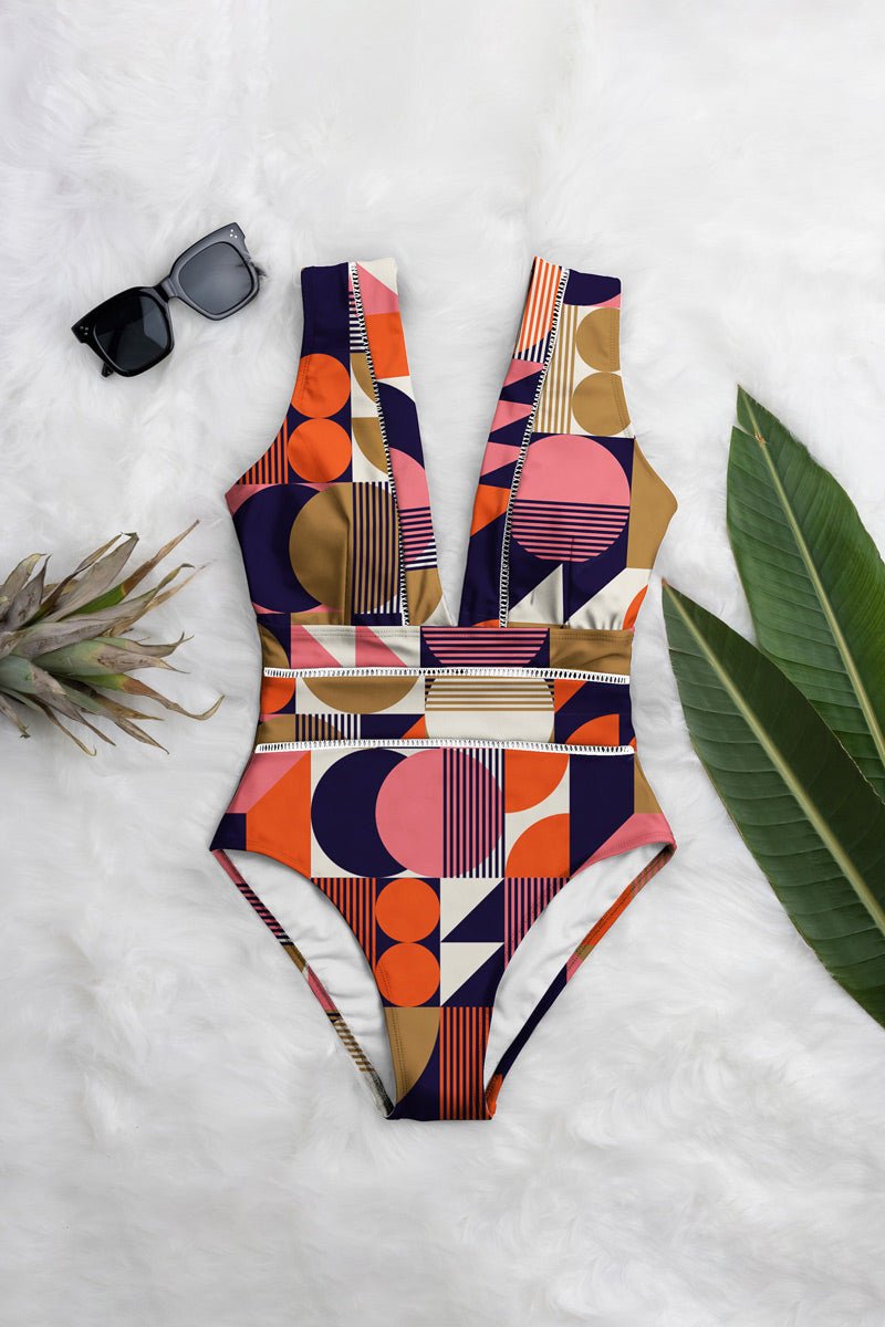 Averie womens vegan Swimsuit Deep Plunge One Piece Maeve Art Deco Print