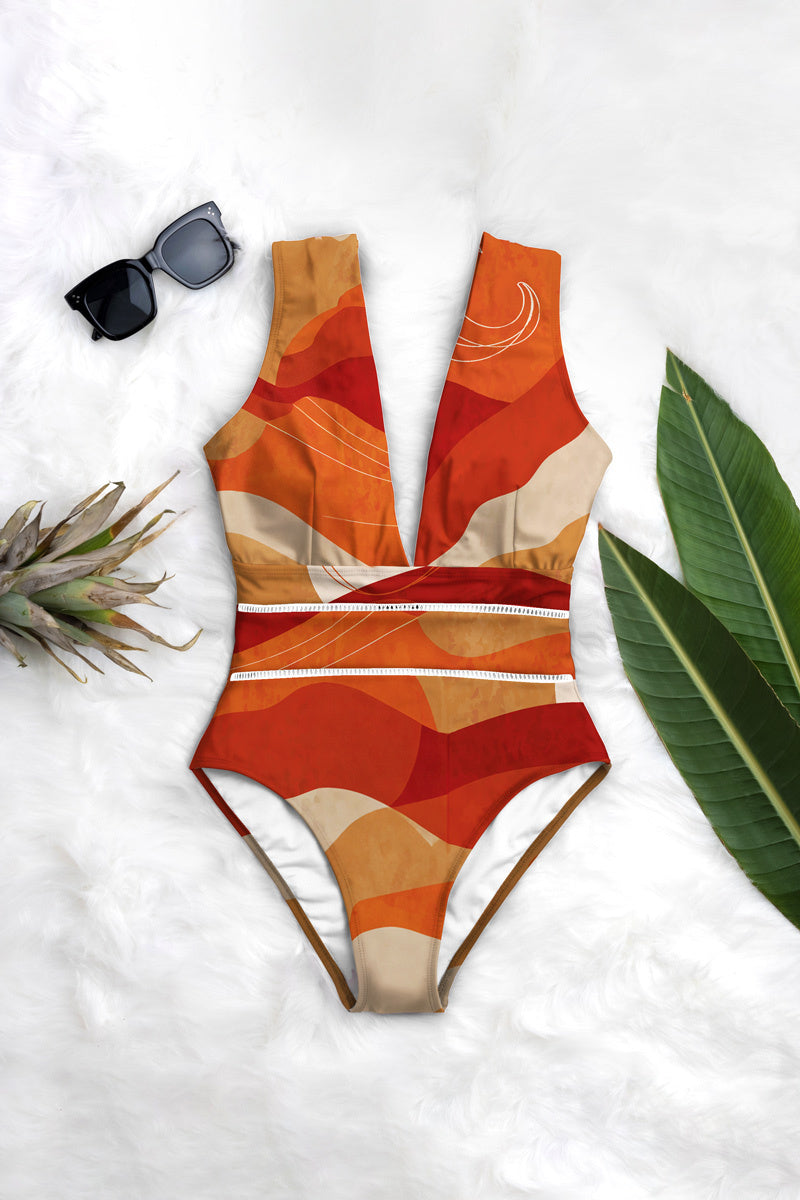 Averie womens vegan Swimsuit Deep Plunge One Piece Maron Red Moon Print