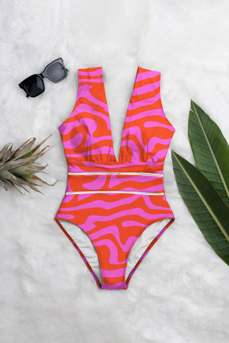 Averie womens vegan Swimsuit Deep Plunge One Piece Ruby Pink Zebra