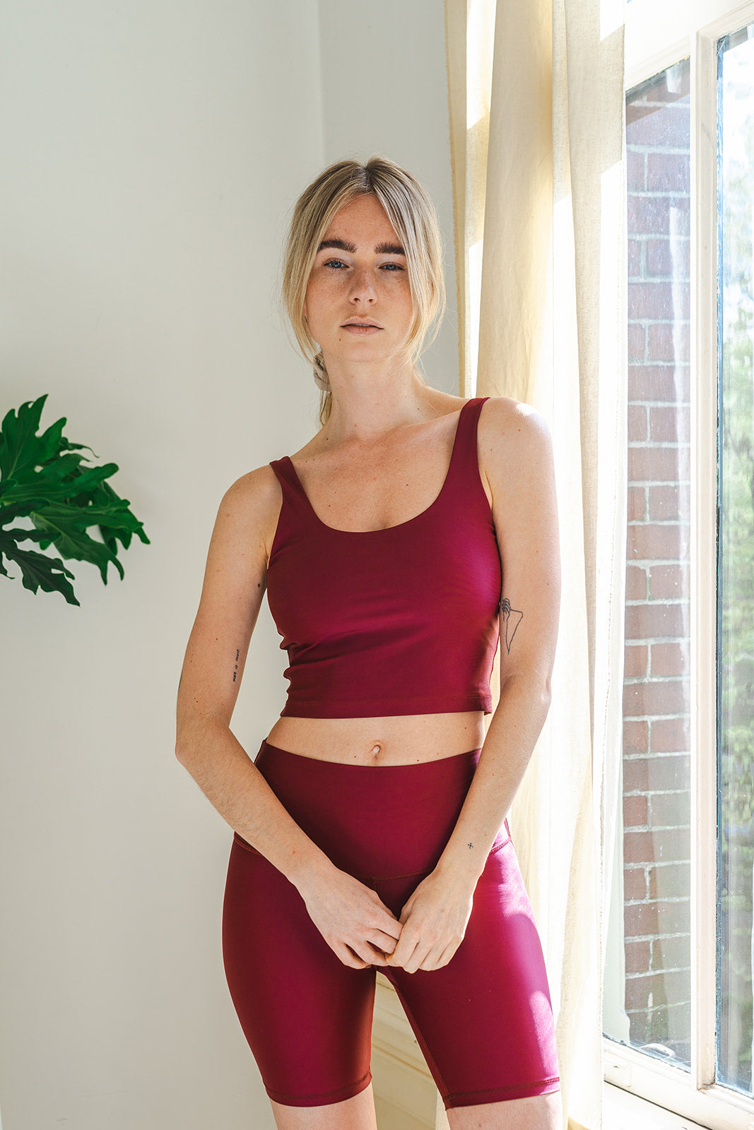 The View Yoga womens vegan Top Iris Bright Burgundy