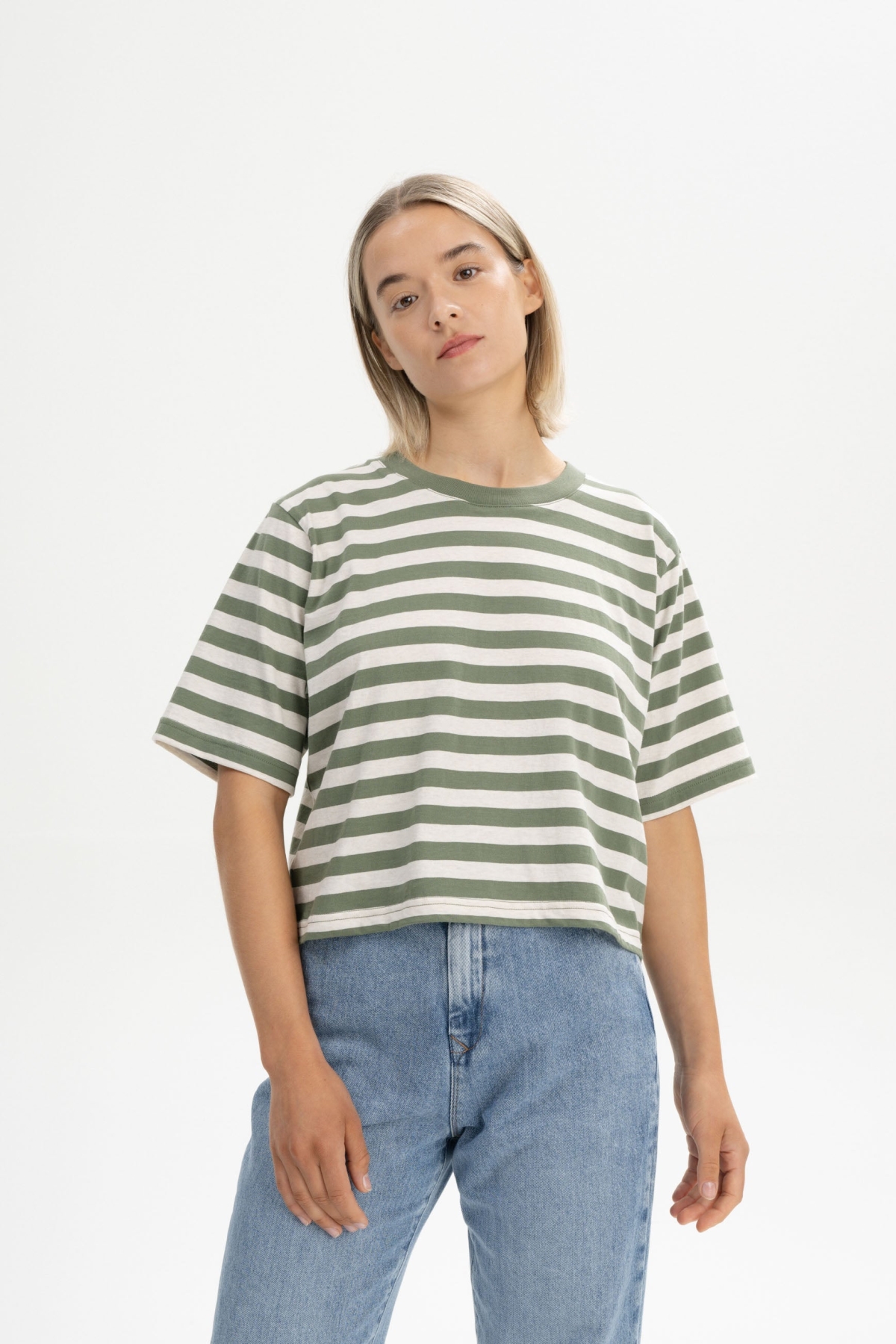 MELA womens vegan T-Shirt Cropped Desna Stripes Thyme Green