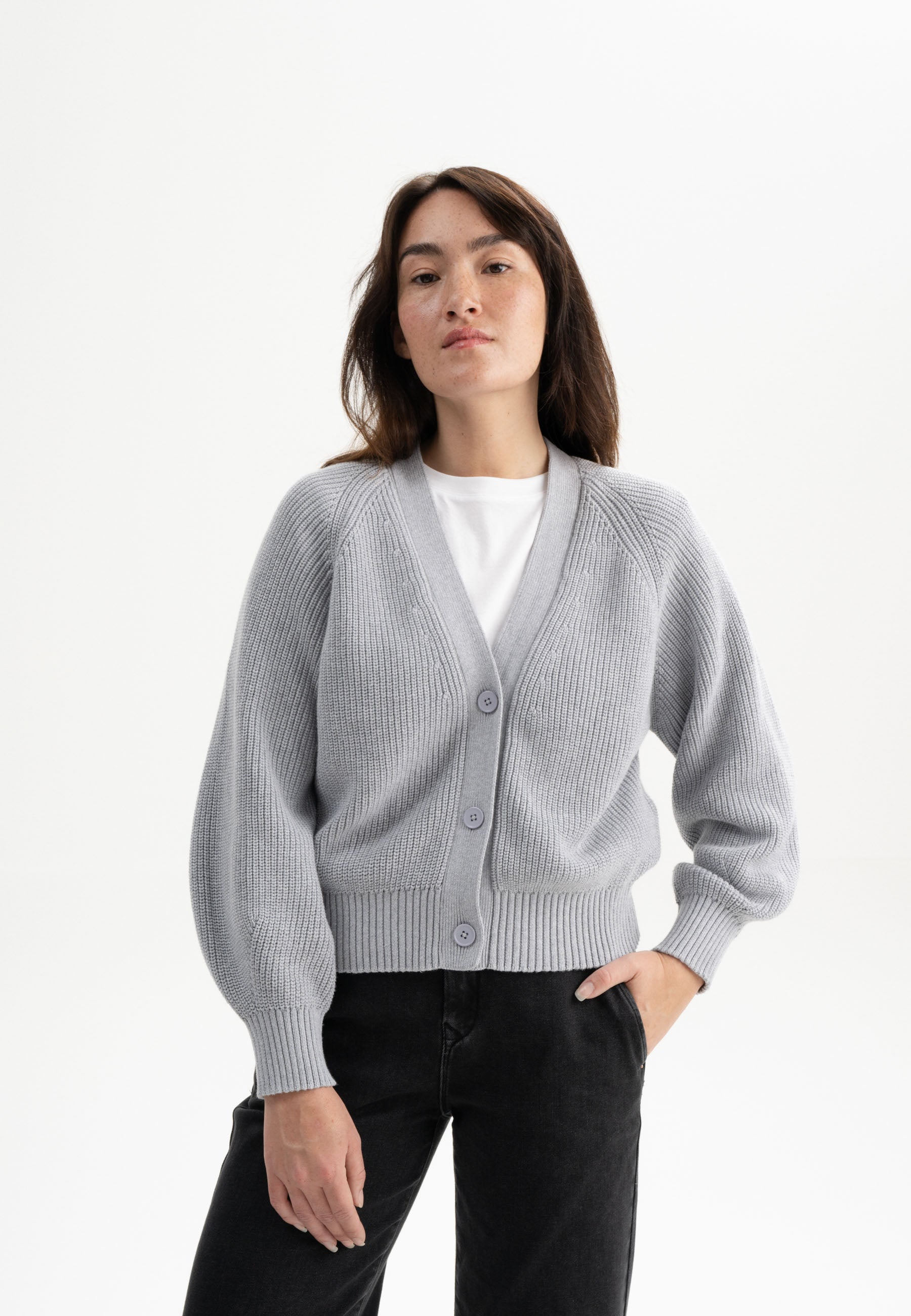 MELA womens vegan Rib Knit Cardigan Bhuma Grey Melange