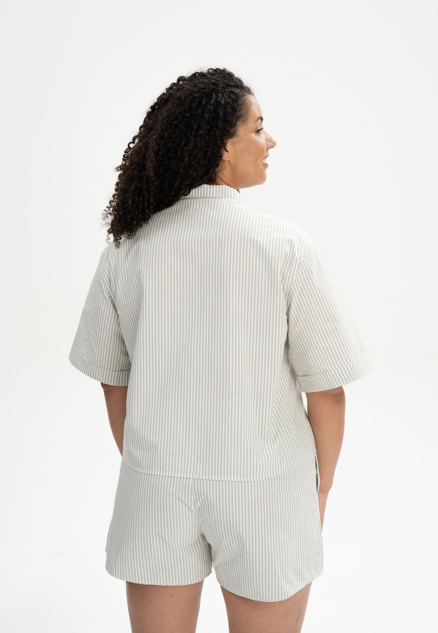 MELA womens vegan Pajama Shirt Hansika Striped Thyme Green/Natural White
