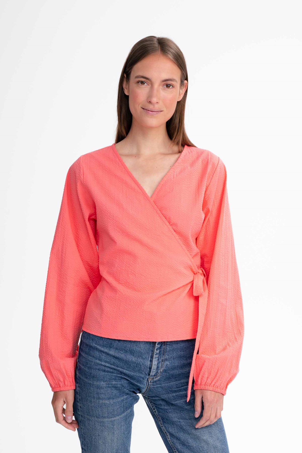 MELA Damen vegan Wickelbluse Lilam Himbeere Hellrot