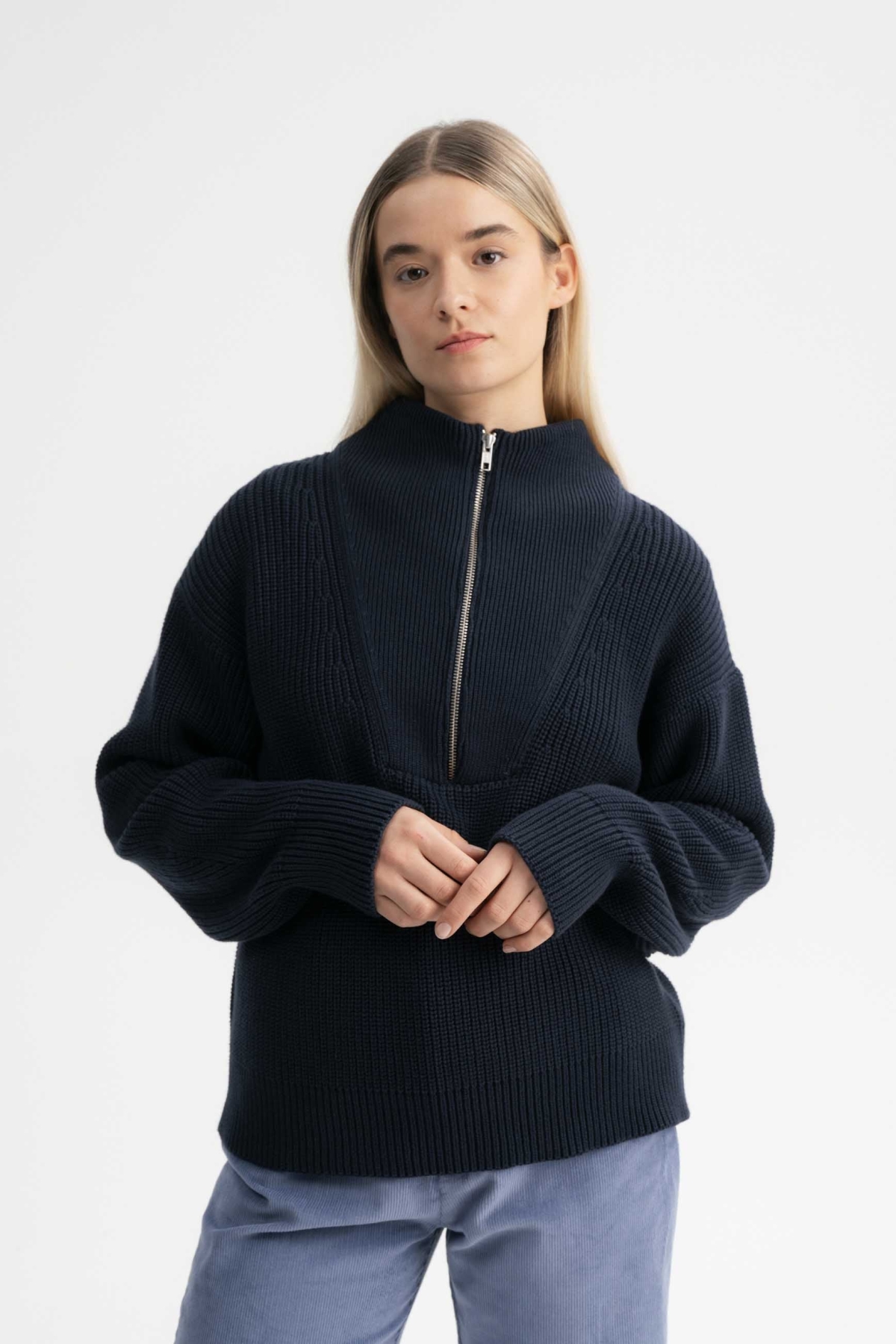 MELA Damen vegan Troyer Rippenstrick Kimaya Marineblau