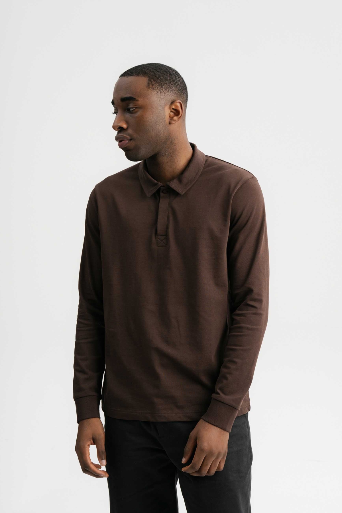 MELA men vegan Polo Shirt Long Sleeve Divit Dark Brown