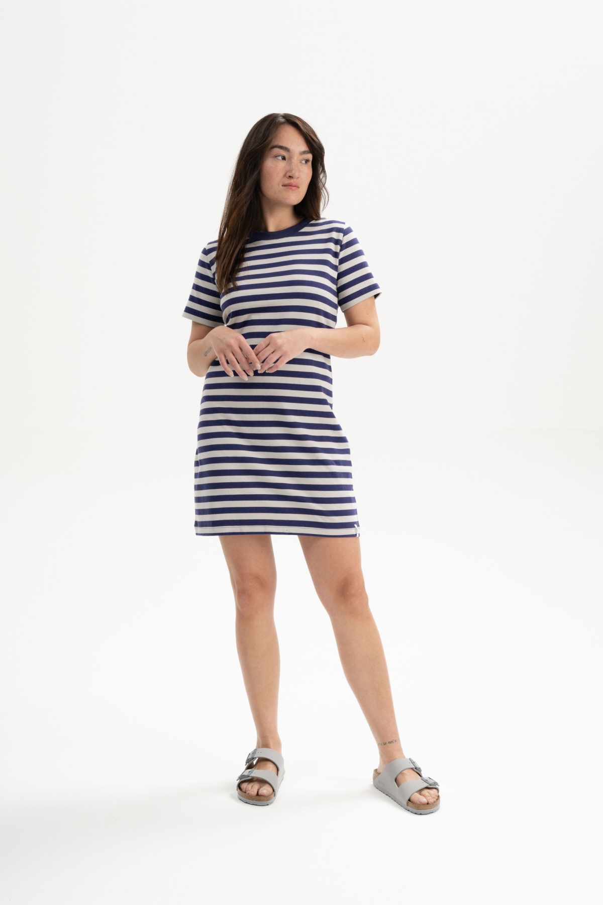 MELA womens vegan T-Shirt Dress Heavy Shrishti Summer Night Purple / Birch Striped Beige