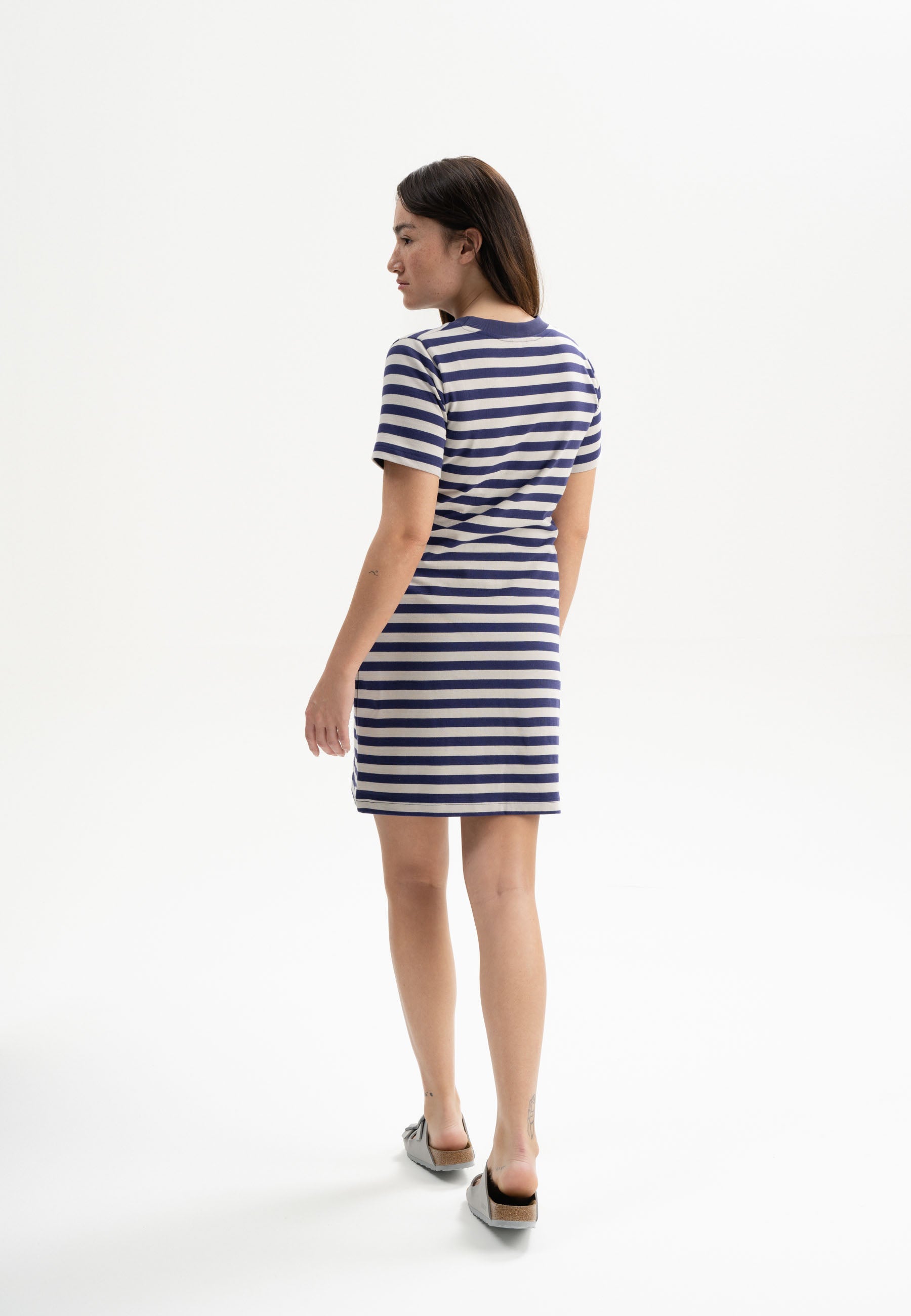 MELA womens vegan T-Shirt Dress Heavy Shrishti Summer Night Purple / Birch Striped Beige