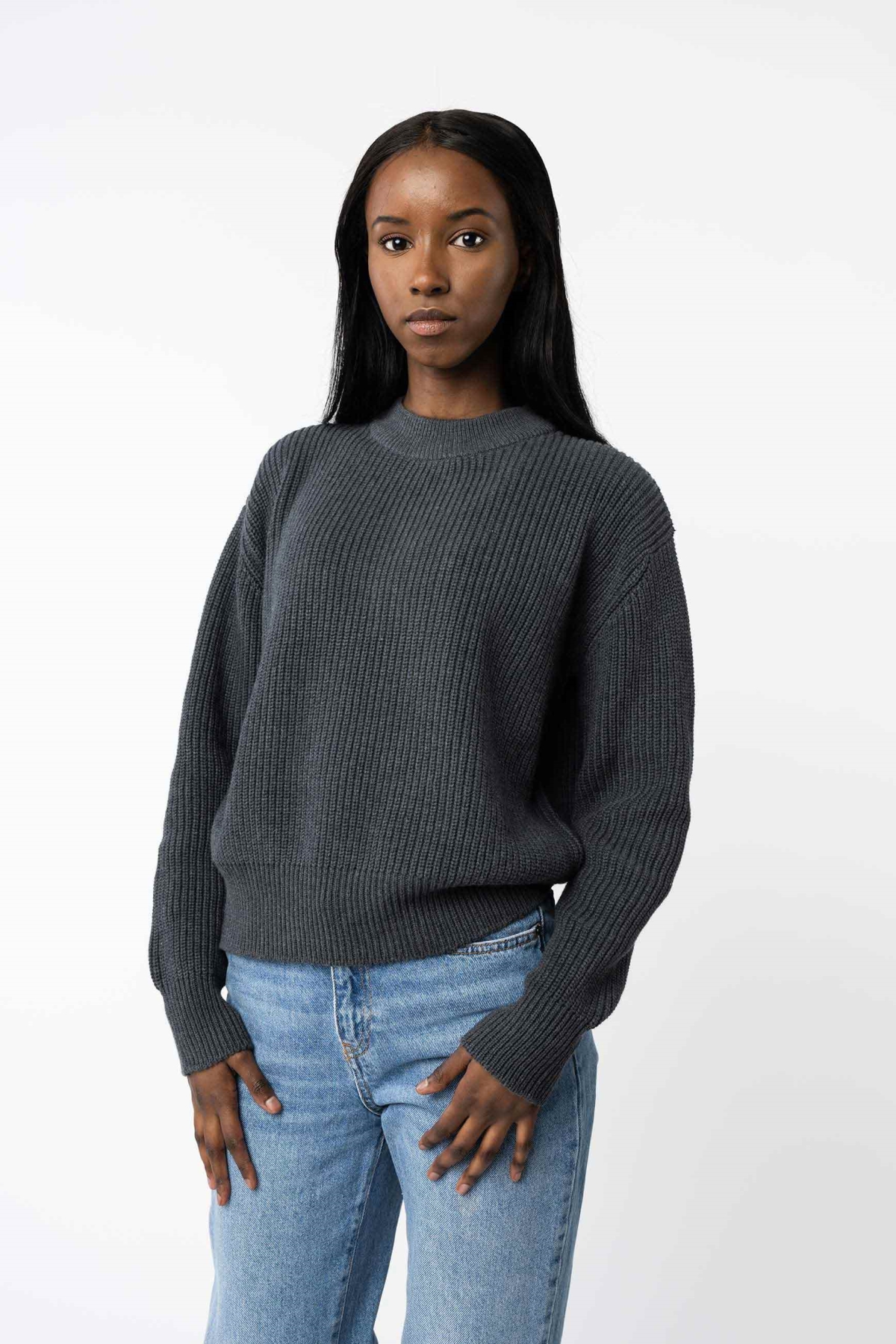 MELA Damen vegan Rippenstrickpullover Manika Anthrazit nge Grau