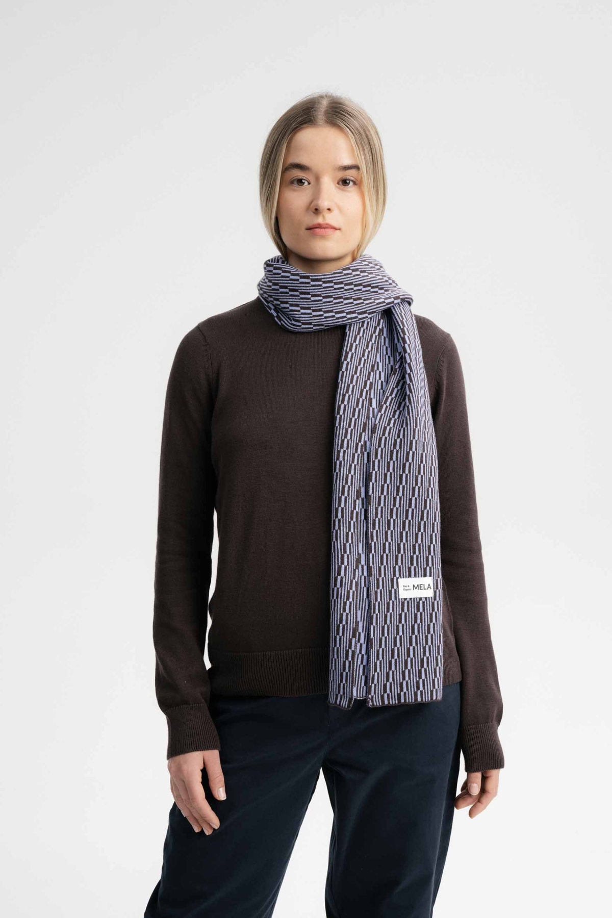 MELA men vegan Scarf Knit Asmee Dark Brown Lines