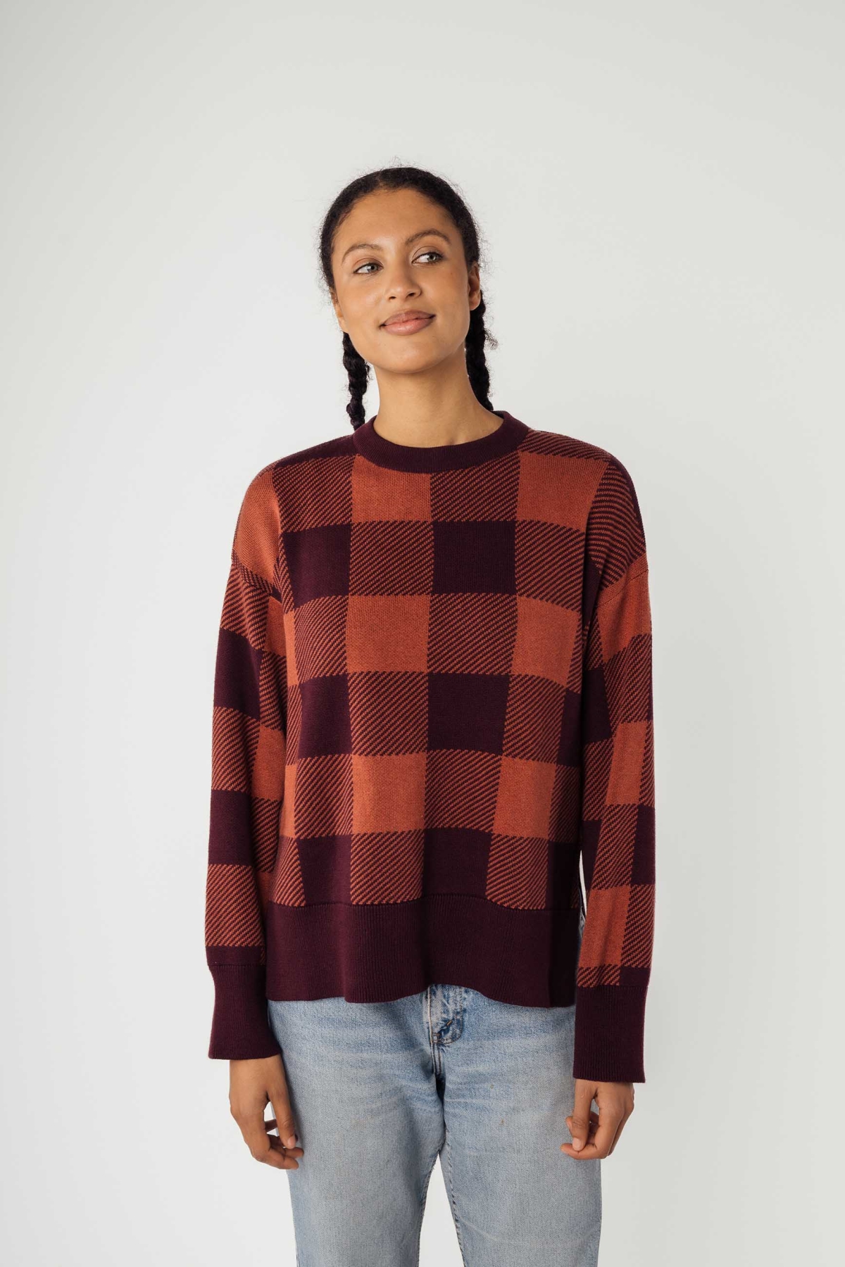 MELA Damen vegan Strickpullover Faiza Rosine/Mahagoni nge Karo Rot