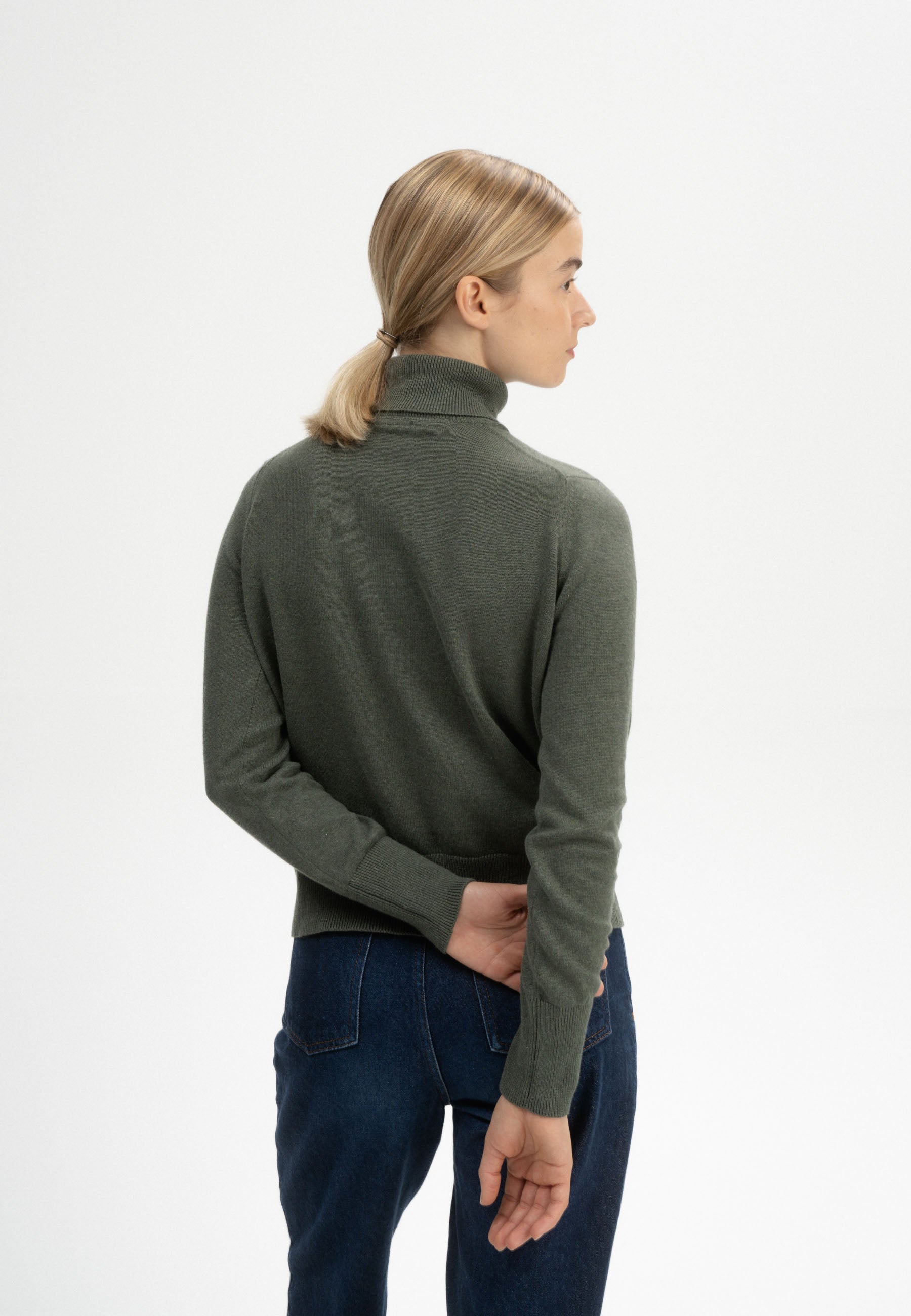 MELA womens vegan Fine Knit Sweater Turtleneck Mayura Green Melange