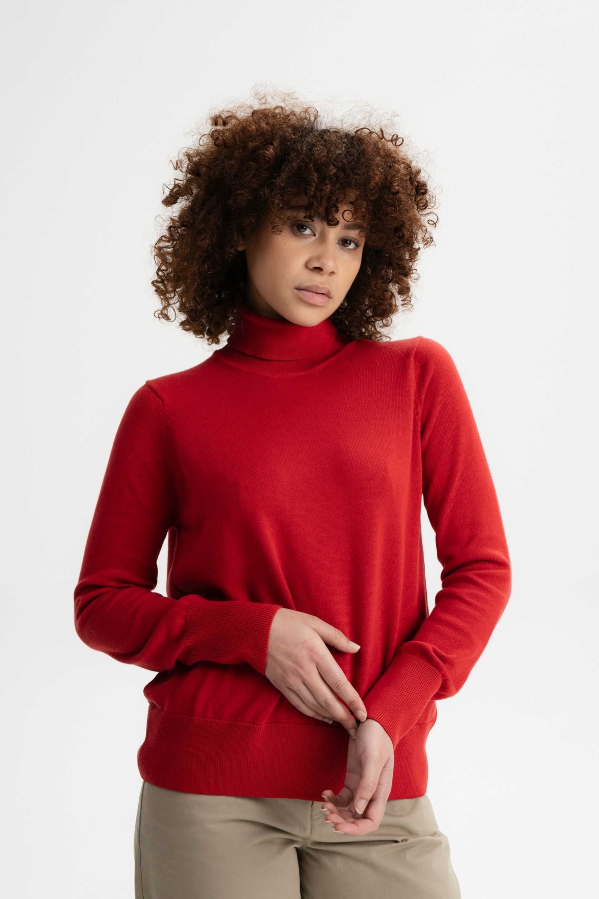 MELA Damen vegan Feinstrickpullover Rollkragenpullover Mayura Granatapfelrot
