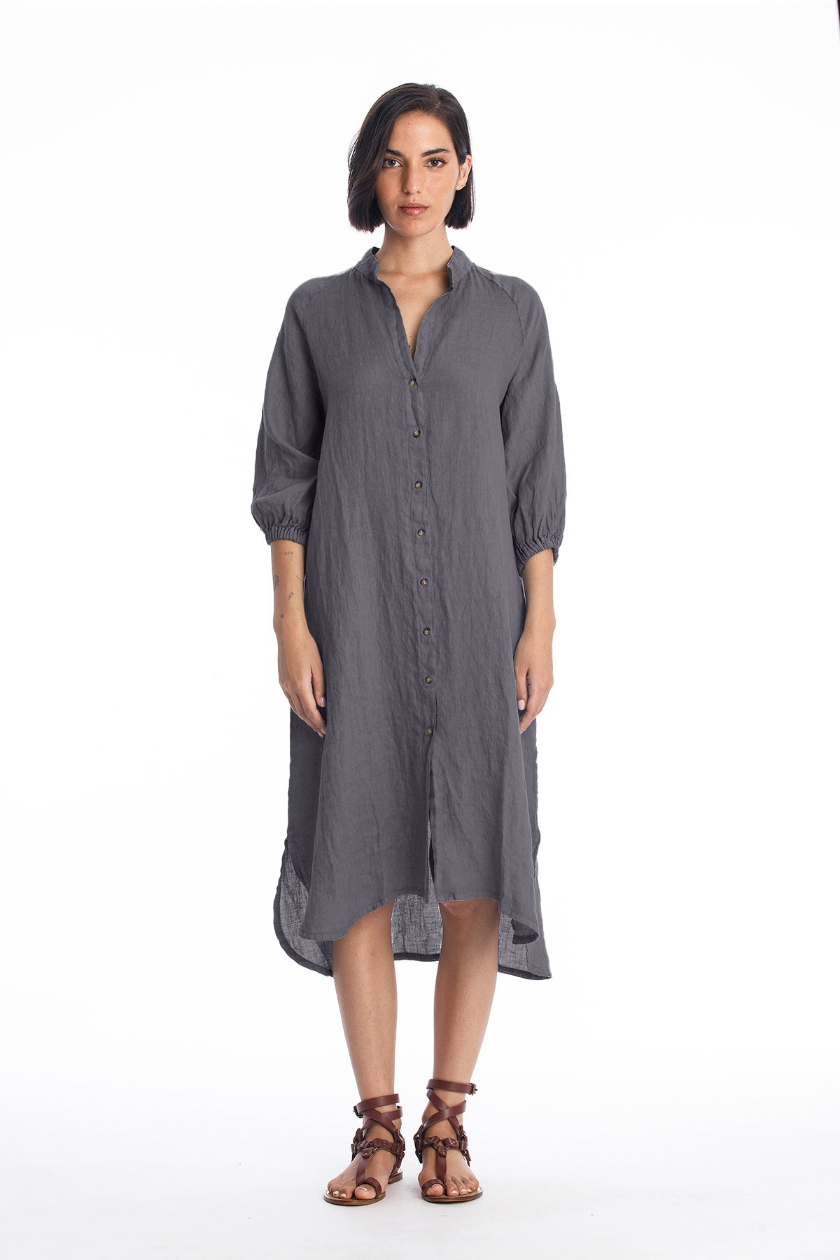 RAVENS VIEW IBIZA Damen vegan Hemdkleid Mei Leinen Steingrau