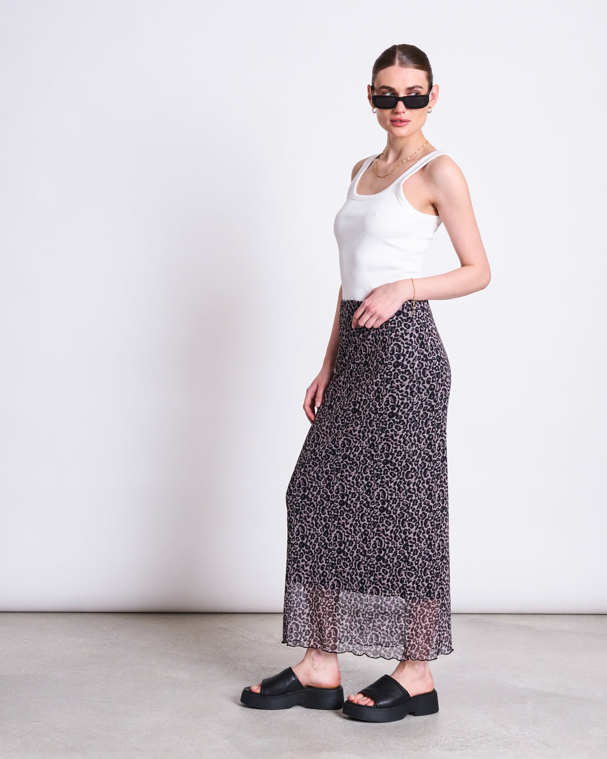 JAN 'N JUNE womens vegan Maxi Skirt Mesh Smuk Leo Print