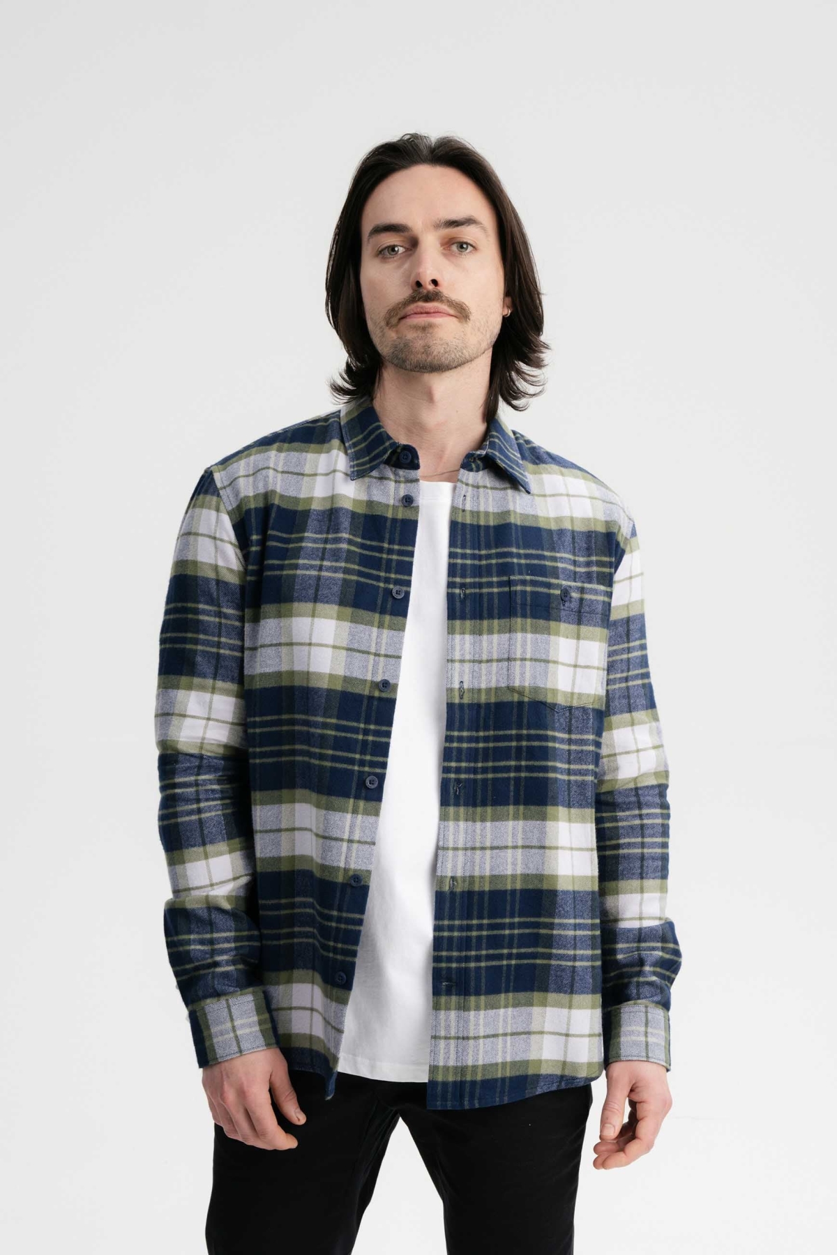 MELA Herren vegan Hemd Flanell Sahel Navy / Lavendel Check