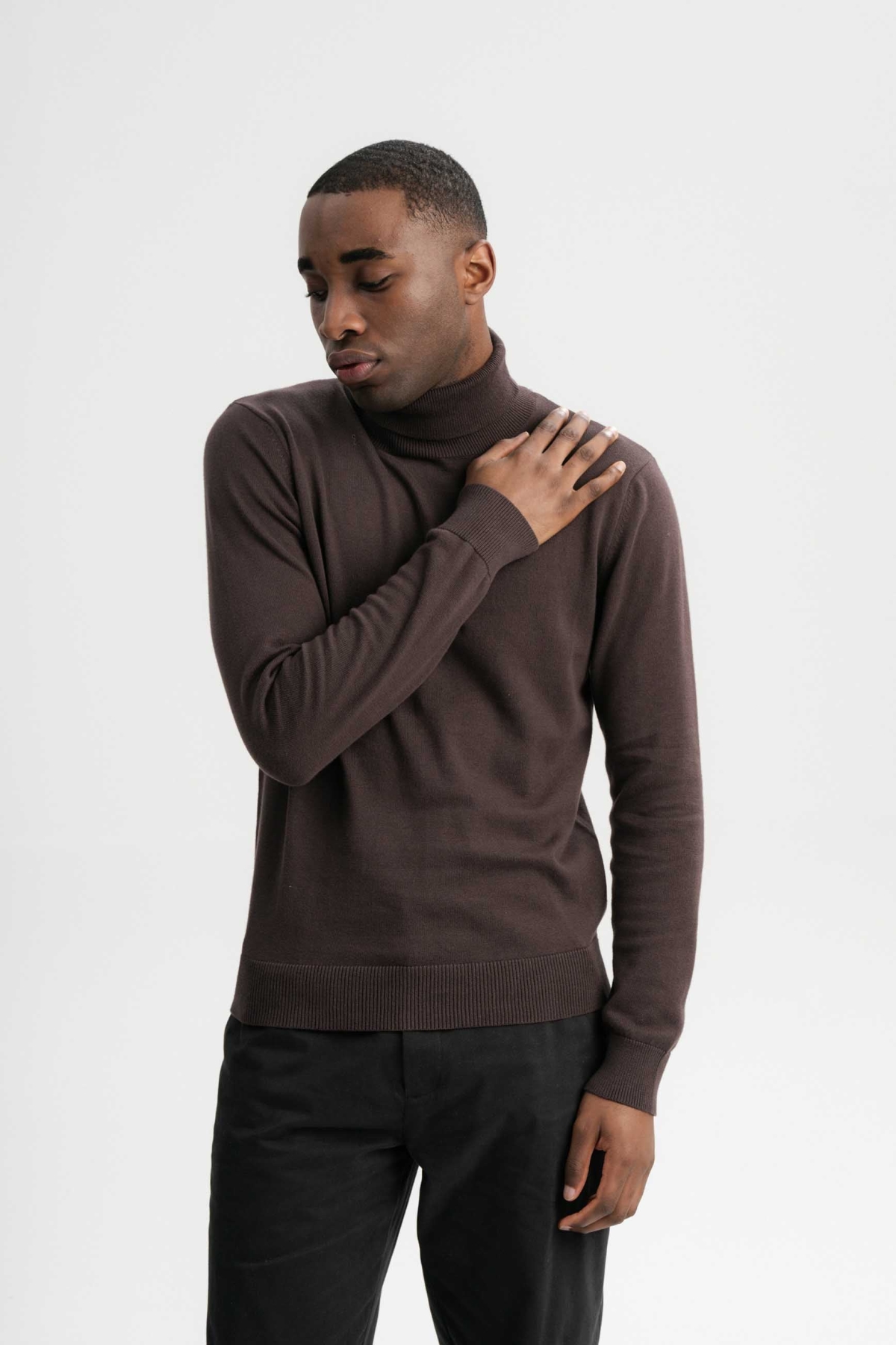 MELA Herren vegan Pullover Rollkragenpullover Feinstrick Kanja Dunkelbraun