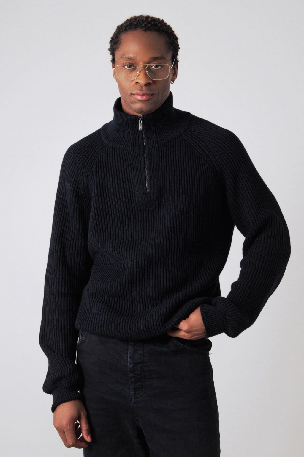 97598 - Herren vegan Half-Zip Pullover Strick Schwarz